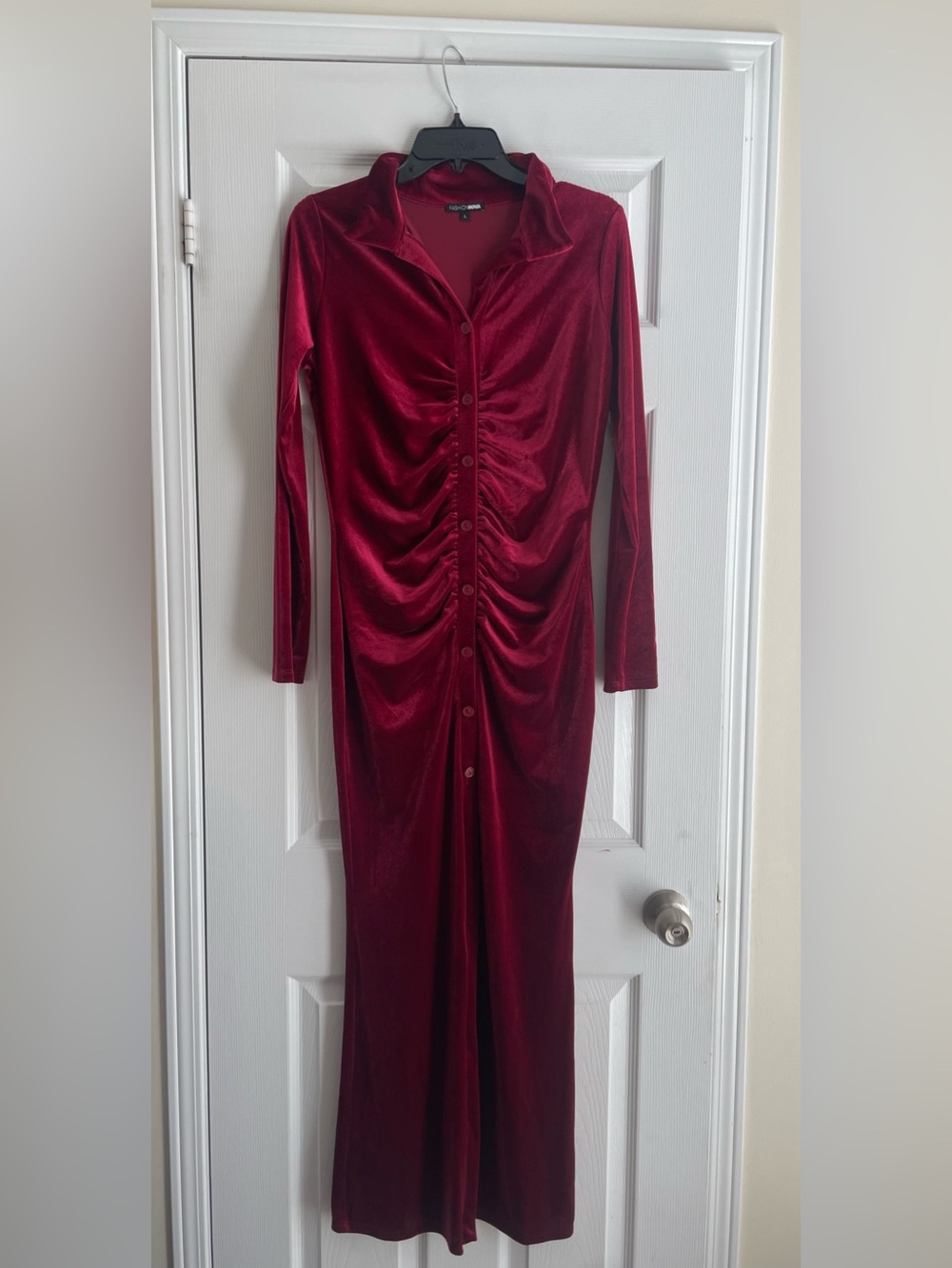 BNWOT Velvet Ruched Button-Front Maxi Dress - Wine Red